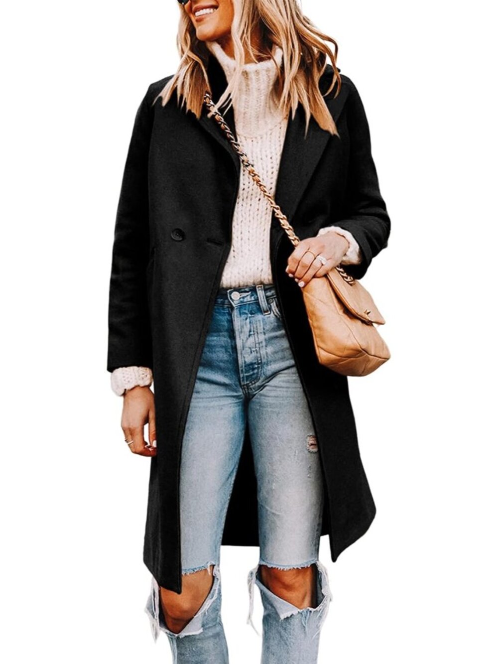 Women's Black Wool Blend Notch Lapel Double-Breasted Mid-Long Trench Pea Coat